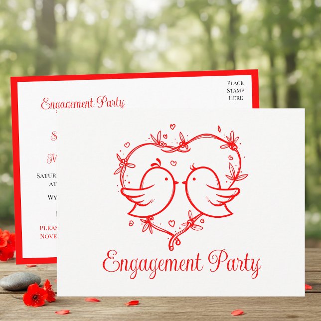 Cartão Postal De Convite Whimsical Lovebirds Boho Red Heart Bridal Shower (Criador carregado)