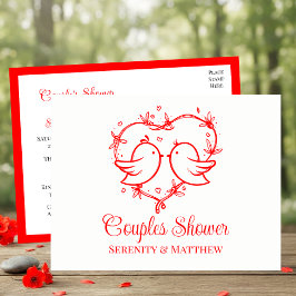 Cartão Postal De Convite Whimsical Lovebirds Boho Red Heart Couples Shower