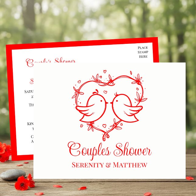 Cartão Postal De Convite Whimsical Lovebirds Boho Red Heart Couples Shower (Criador carregado)