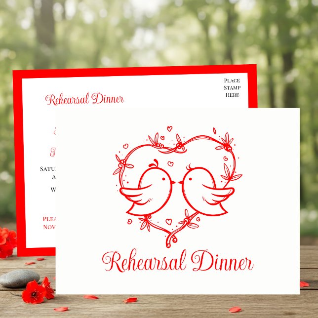 Cartão Postal De Convite Whimsical Lovebirds Boho Red Love Heart Rehearsal  (Criador carregado)