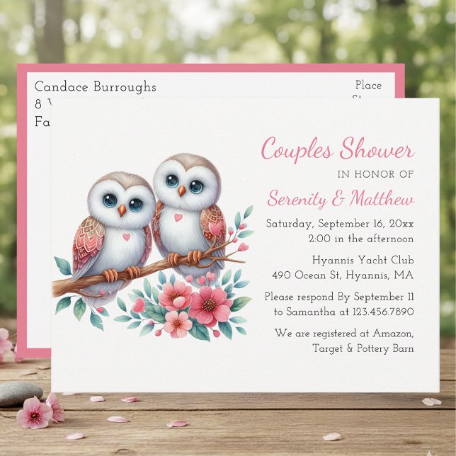 Cartão Postal De Convite Whimsical Owl Couple Woodland Couple Shower (Criador carregado)