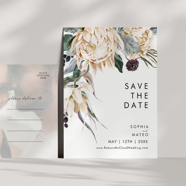 Cartão Postal De Convite White Floral Faded Photo Save The Date Postcard (Criador carregado)