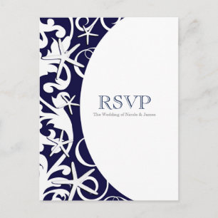 Cartão Postal De Convite White Starfish Blue Beach Elegant Weding RSVP
