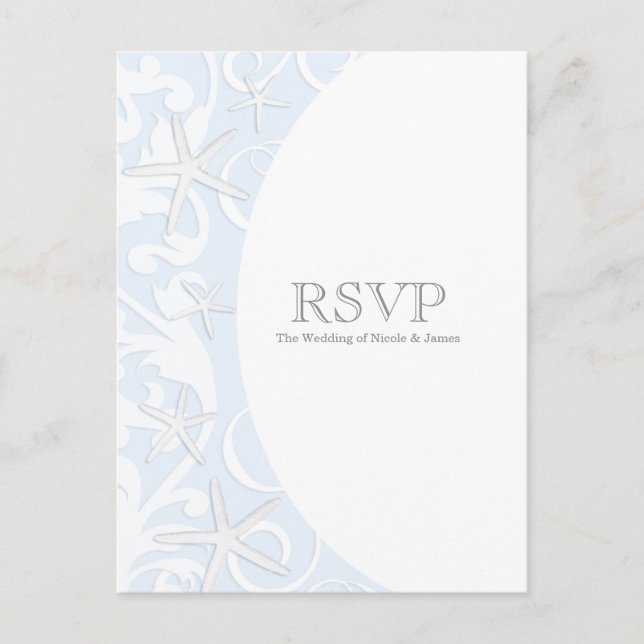 Cartão Postal De Convite White Starfish Blue Beach Elegant Weding RSVP (Frente)