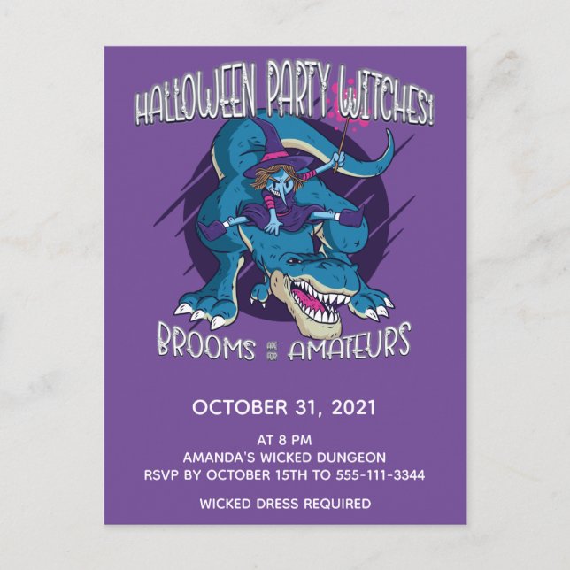 Cartão Postal De Convite Wicked Witch On T-Rex Illustration Halloween Party (Frente)