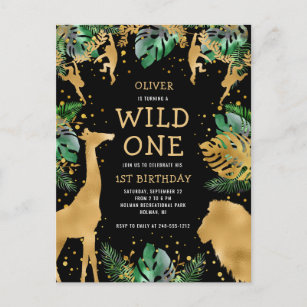 Cartão Postal De Convite Wild One Safari primeiro aniversario Negro Dourado