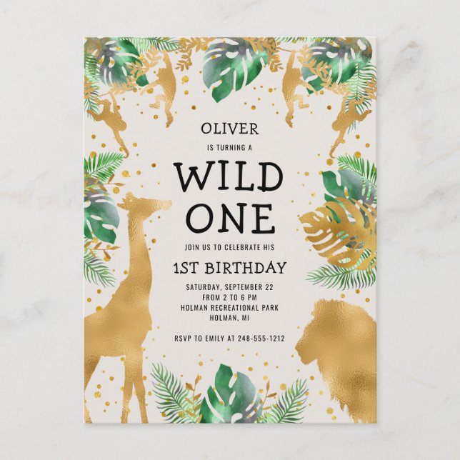 Cartão Postal De Convite Wild One Safari primeiro aniversario Verde Dourado (Frente)