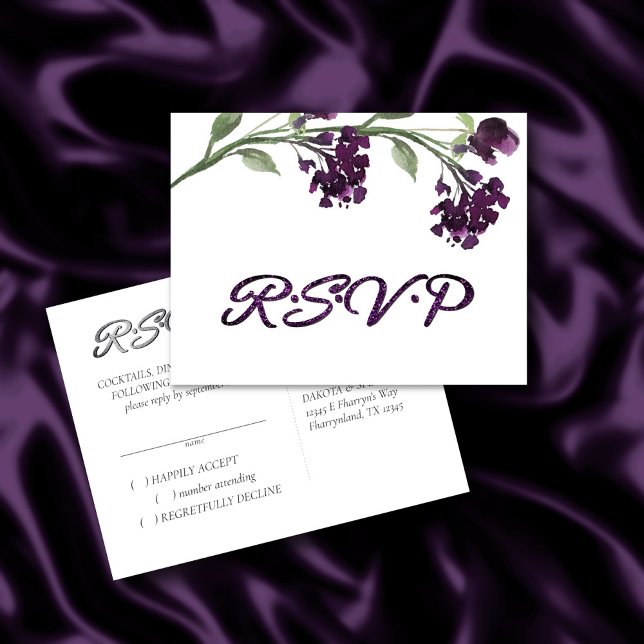 Cartão Postal De Convite Wildbloom | Deep Purple Bohemian Flowers RSVP (Criador carregado)