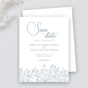 Cartão Postal De Convite Wildflower Floral Dusty Blue Casamento Salvar Data