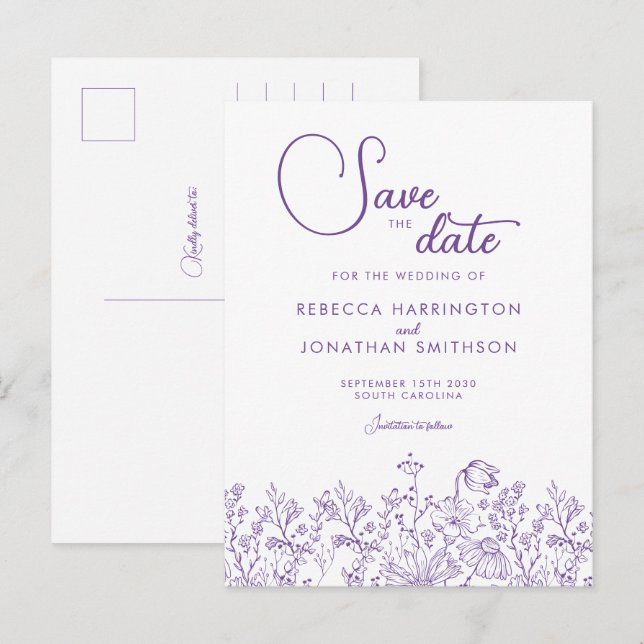Cartão Postal De Convite Wildflower Floral Lilac Weding A Data (Frente/Verso)