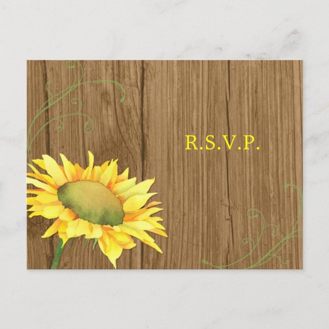 Cartão Postal De Convite Wood Grain Sunflower Weding RSVP (Frente)