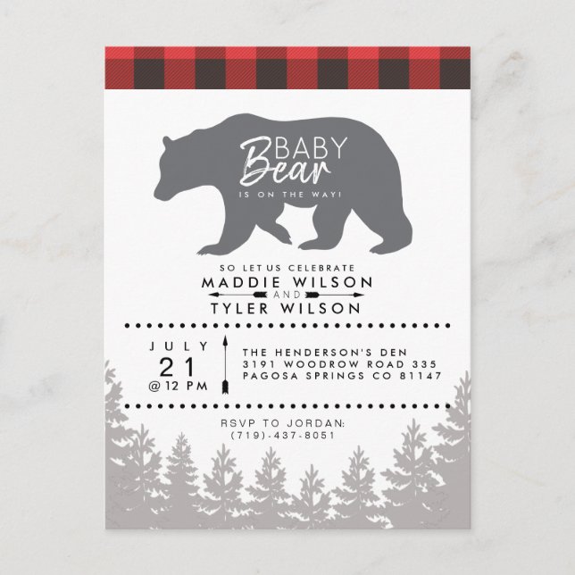 Cartão Postal De Convite Woodland Baby Bear | Chá de fraldas Rustic Lumberj (Frente)