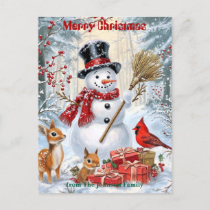 Cartão Postal De Convite Woodland Snowman   Natal da família personalizada
