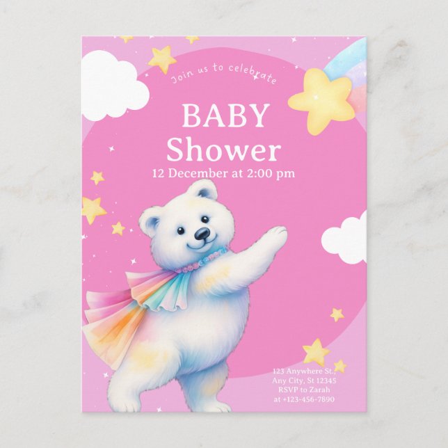 Cartão Postal De Convite Zarah the Dancing Polar Bear Baby Shower (Frente)