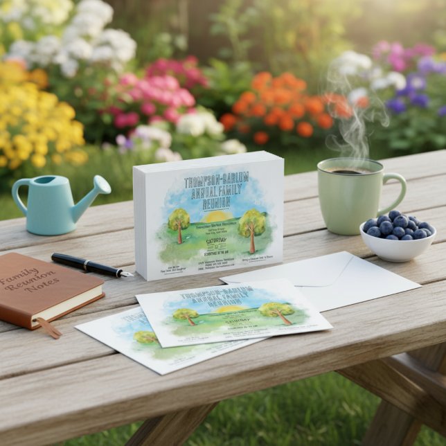 Cartão postal de convocação para a união familiar  (Sunrise Meadows Family Reunion Invitation Postcard)