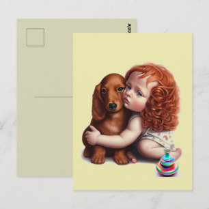 Cartão postal de criança Red Head abraçando Dachsh