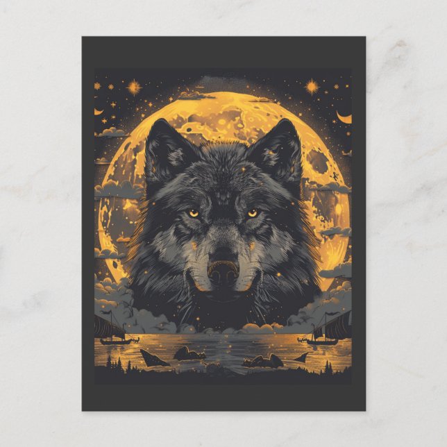 Cartão postal de design de lobo com estrelas da lu (Frente)