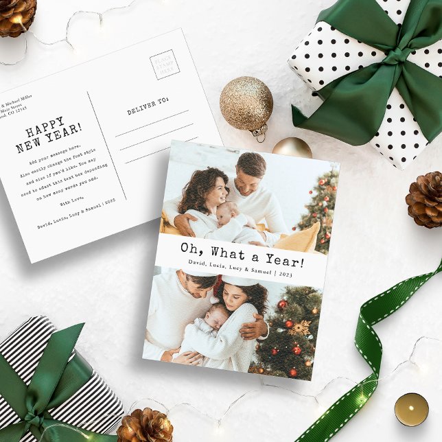 Cartão postal de Feriado de Ano Novo (Oh, What A Year Photo Christmas Holiday Postcard)