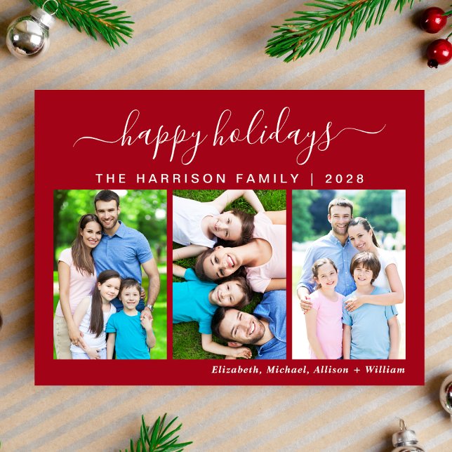 Cartão postal de feriado feliz simples 3 (This holiday season, let the magic of your cherished moments unfold with our 3 photo Christmas card)