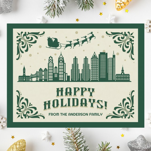 Cartão postal de Feriados Felizes da Philadelphia  (Happy Holidays Philadelphia, PA skyline cityscape christmas postcard customizable real estate Santa )