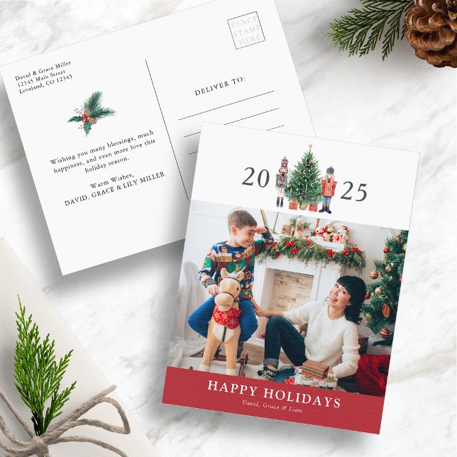 Cartão postal de Férias Felizes (Happy Holidays 2025 Nutcracker Red Photo Christmas Postcard by Painted Paperie)