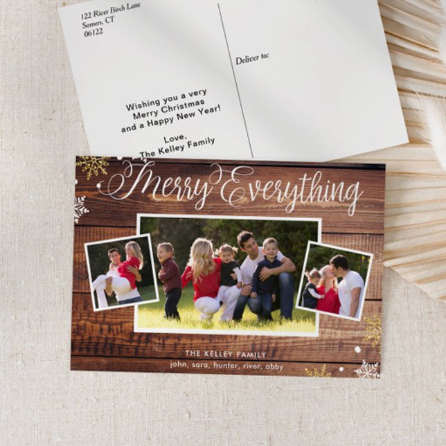 Cartão postal de Férias Rustic Wood Three Photo Ho (Criador carregado)