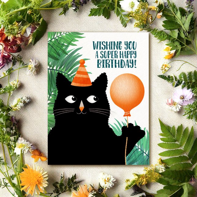 Cartão postal de festa de aniversário com gato pre (Criador carregado)