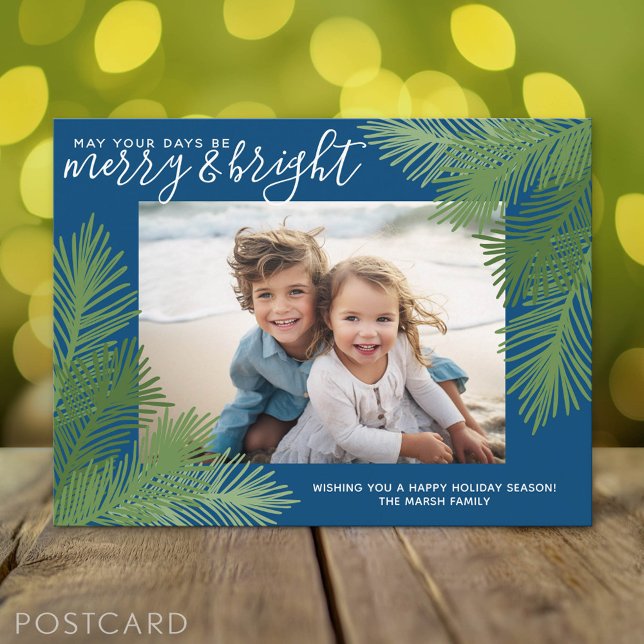 Cartão Postal De Festividades 1 Fotografia Feliz Brilho Caligrafia Natal moderno (Holiday Photo Postcard)