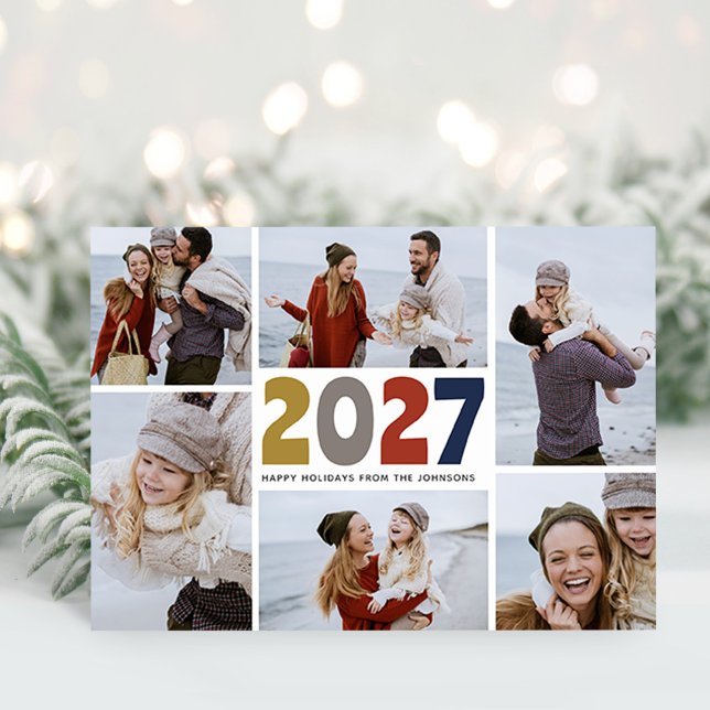 Cartão Postal De Festividades 2018 | colorido | cartões-postais (Modern 2027 Christmas Photo Collage Family Holiday Postcard)