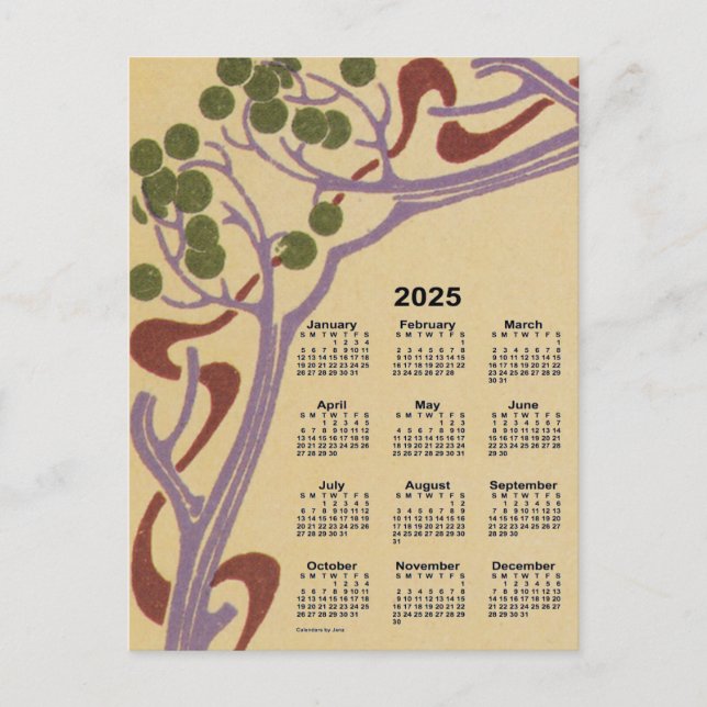Cartão Postal De Festividades 2025 Art Nouveau Mini Calendar de Janz (Frente)