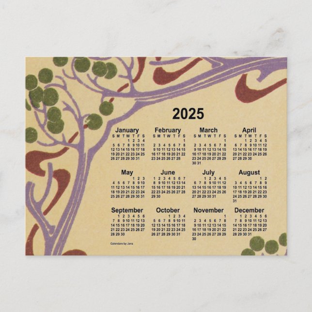 Cartão Postal De Festividades 2025 Art Nouveau Mini Calendar de Janz (Frente)