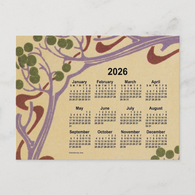 Cartão Postal De Festividades 2026 Art Nouveau Mini Calendar de Janz (Frente)