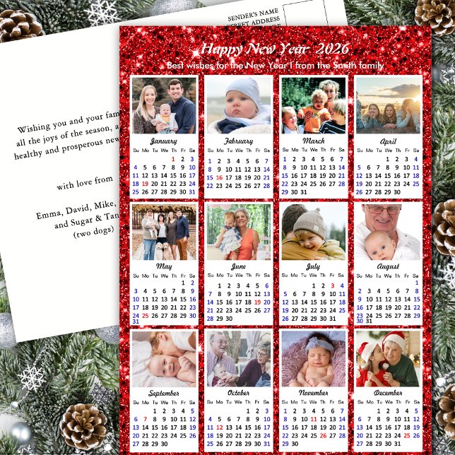 Cartão Postal De Festividades 2026 Calendar Modern Family 12 Photo Red Glitter (Criador carregado)
