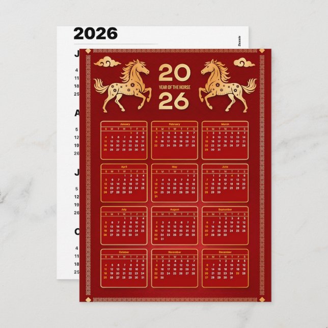Cartão Postal De Festividades 2026 Year of Horse Chinese Wall Calendar (Frente/Verso)