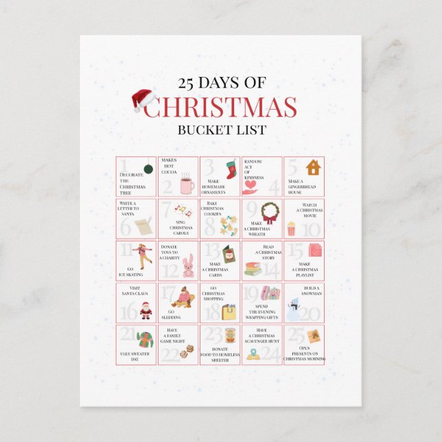 Cartão Postal De Festividades 25 Days of Christmas Bucket List Art (Frente)
