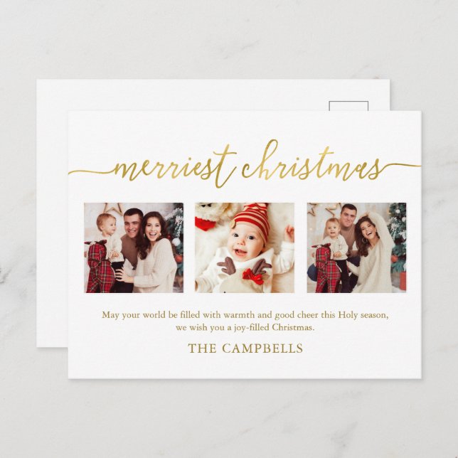 Cartão Postal De Festividades 3 Foto Collage Modern Script "Feliz Natal" (Frente/Verso)