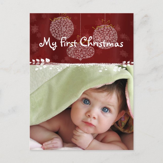 Cartão Postal De Festividades 3 White Ornaments First Christmas Photo Postcard (Frente)