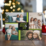 Cartão Postal De Festividades 4 Colagem fotográfica verde negro Peace Love Joy<br><div class="desc">Paz - Amor - Alegria - Que seus dias sejam felizes e brilhantes. Adicione suas informações pessoais para fazer um cartão postal personalizado do designer de natal. Dica da FOTO: Se você carregar suas fotos e elas não forem ajustados, clique no botão PERSONALIZAR ESTA. Pode levar um pouco de paciência,...</div>
