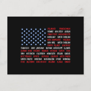 Cartão Postal De Festividades 4 de julho bandeira americana Todos os 50 nomes de