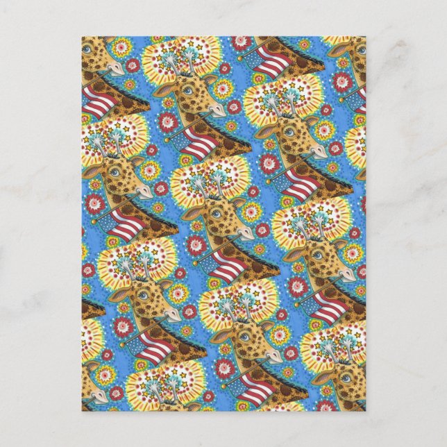 CARTÃO POSTAL DE FESTIVIDADES 4 DE JULHO PATRIÓTICO GIRAFFE E FOGOS DE FOGO (Frente)