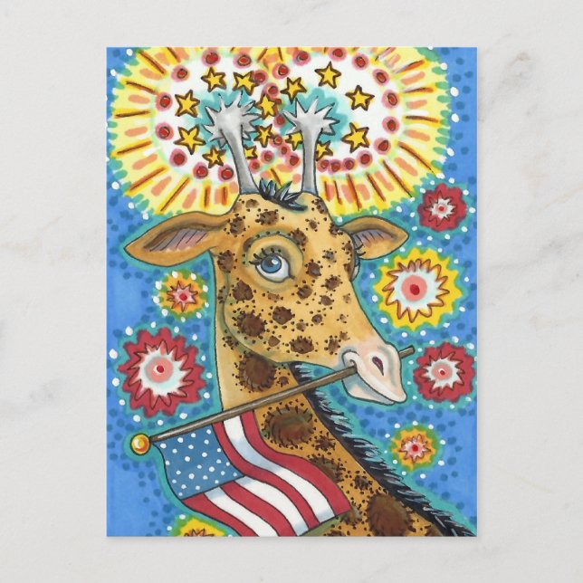 CARTÃO POSTAL DE FESTIVIDADES 4 DE JULHO PATRIÓTICO GIRAFFE E FOGOS DE FOGO (Frente)