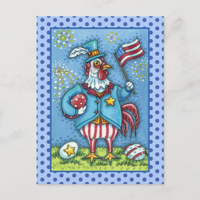CARTÃO POSTAL DE FESTIVIDADES 4 DE JULHO ROOSTER, FRANGO PATRIÓTICO ENGRAÇADO (Frente)