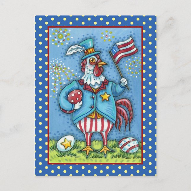 CARTÃO POSTAL DE FESTIVIDADES 4 DE JULHO ROOSTER, FRANGO PATRIÓTICO ENGRAÇADO (Frente)