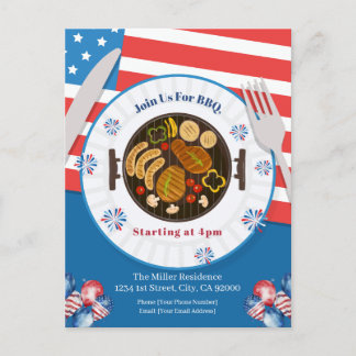 Cartão Postal De Festividades 4th Of July BBQ Invitation, Party In USA Invite