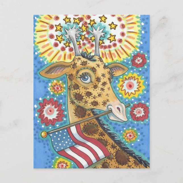 CARTÃO POSTAL DE FESTIVIDADES 4TH OF JULY PATRIOTIC GIRAFFE, HOLIDAY POSTCARD (Frente)