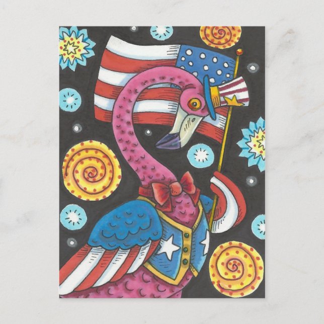 CARTÃO POSTAL DE FESTIVIDADES 4TH OF JULY PINK FLAMINGO, HOLIDAY POSTCARD (Frente)