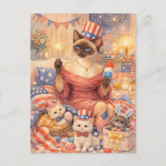 Cartão Postal De Festividades 4th of July Pool Diva Cat Postcard (Frente)