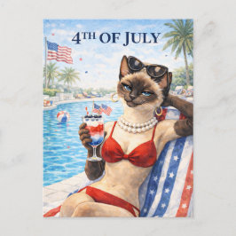 Cartão Postal De Festividades 4th of July Pool Diva Cat Postcard