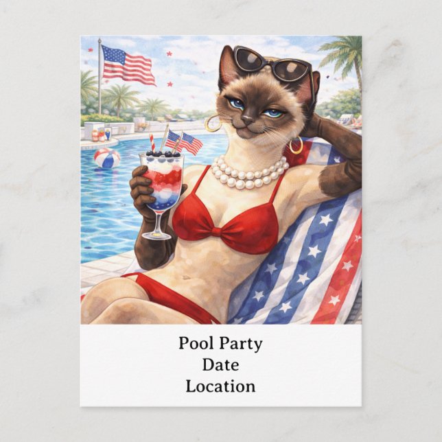 Cartão Postal De Festividades 4th of July Pool Diva Cat Postcard (Frente)