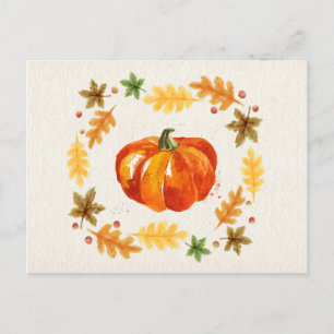 Cartão Postal De Festividades A Abóbora De Ação De Graças Deixa Aquarelas